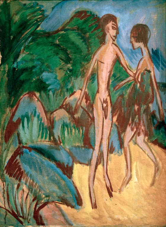 Nackter Jüngling und Mädchen am Strand vor Hügeln – Ernst Ludwig Kirchner Nackter Jüngling und Mädchen am Strand Kunstkopie