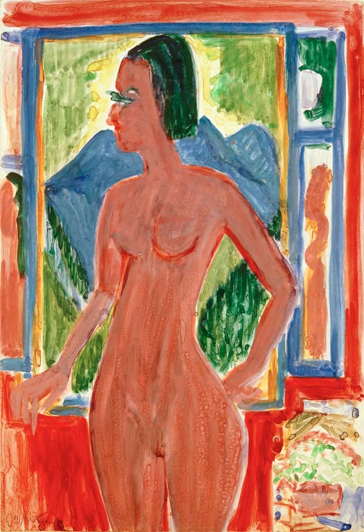 Roter Frauenakt steht vor einem Fenster mit Bergblick – Ernst Ludwig Kirchner Nacktes Frau am Fenster Kunstkopie
