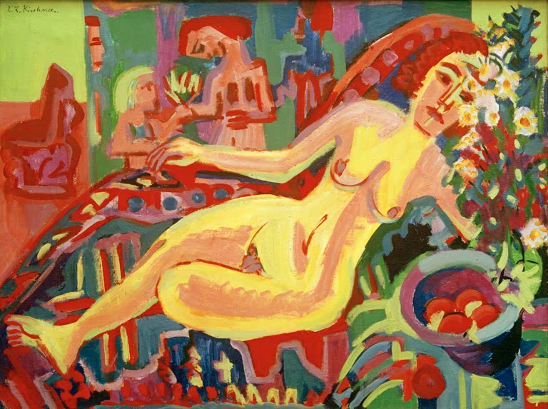 Nacktes Mädchen liegt auf Diwan zwischen Blumen und Obst – Ernst Ludwig Kirchner Nacktes Mädchen auf Diwan Kunstkopie