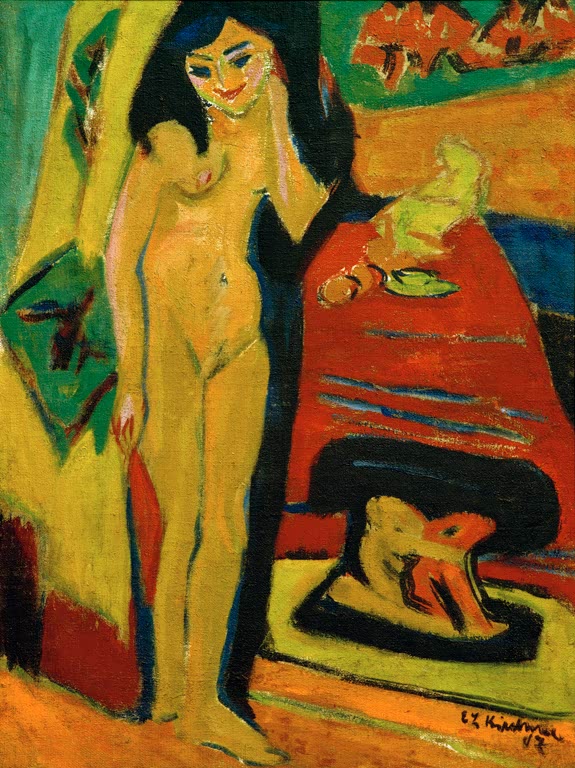 Stehendes nacktes Mädchen neben Vorhang und rotem Tisch – Ernst Ludwig Kirchner Nacktes Mädchen hinter Vorhang Kunstkopie