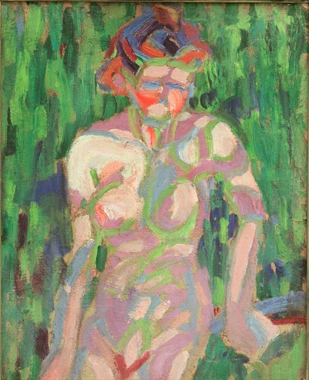 Nacktes Mädchen mit grünen Schattenlinien vor Grün – Ernst Ludwig Kirchner Nacktes Mädchen mit Zweigschatten Kunstkopie
