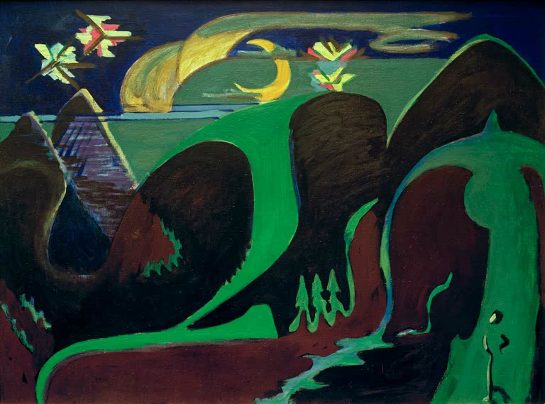 Grün-schwarze Hügel bei Nacht mit Mondsichel und Sternen – Ernst Ludwig Kirchner Nächtliche Fantasielandschaft Kunstkopie
