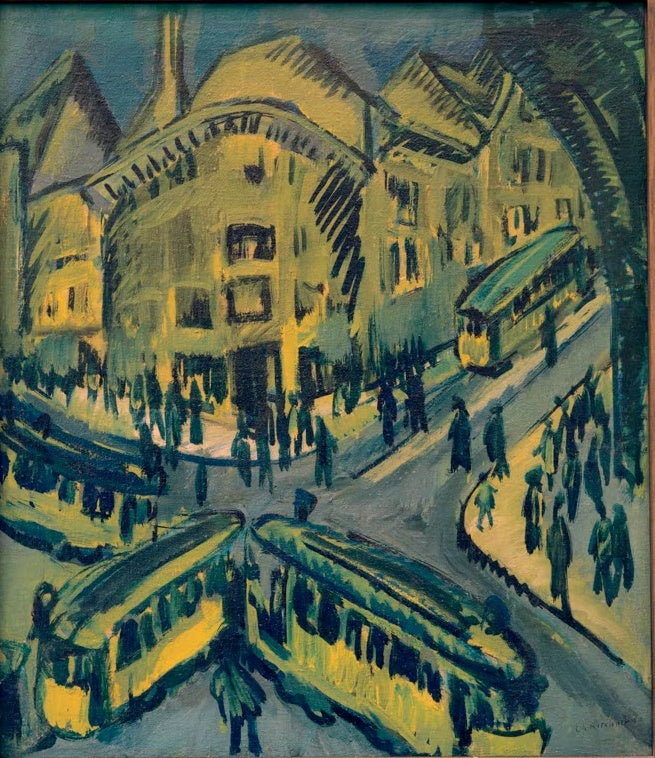 Straßenbahnen und kleine Passanten auf einem Platz in Gelb und Blaugrün – Ernst Ludwig Kirchner Nollendorfplatz Kunstkopie