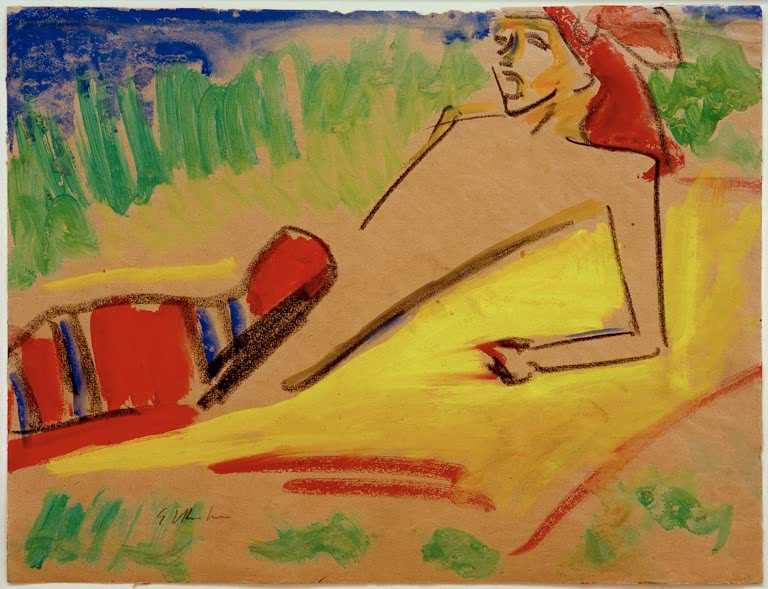 Am Wasser liegender Akt mit rotem Kopftuch auf gelbem Grund – Ernst Ludwig Kirchner Fränzi, am Wasser liegend Kunstkopie