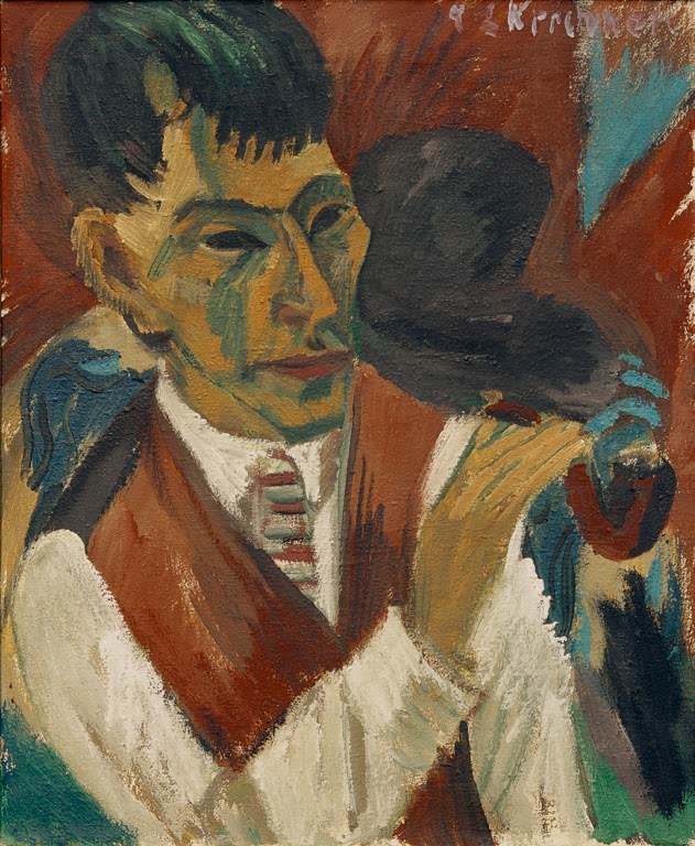 Mann in weißem Hemd hält einen Hut und die Pfeife – Ernst Ludwig Kirchner Otto Mueller mit Pfeife Kunstkopie