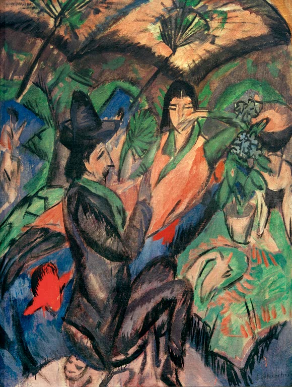 Liebespaar unter einem großen Schirm zwischen Blättern und Farnen – Ernst Ludwig Kirchner Paar unter Japanschirm Kunstkopie