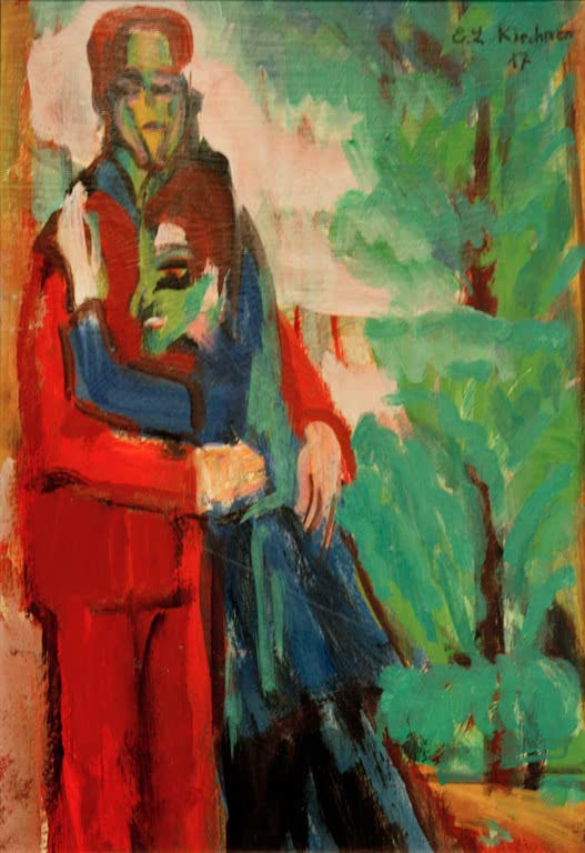 Sich umarmendes Paar in Rot und Blau vor grünem Hintergrund – Ernst Ludwig Kirchner Paar Kunstkopie