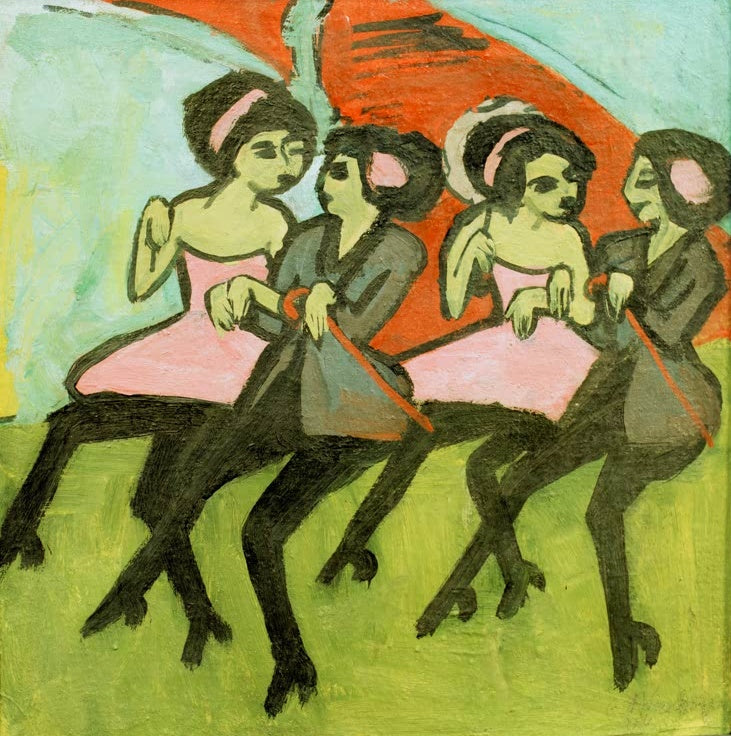 Vier Tänzerinnen in Rosa und Grau sitzen in einer Reihe vor Orange – Ernst Ludwig Kirchner Panamatänzerinnen Kunstkopie