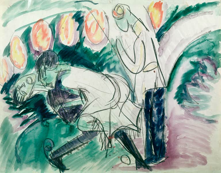 Pantomimen-Szene mit Lampions und Figuren in Grün und Weiß, aquarelliert – Ernst Ludwig Kirchner Pantomime III Kunstkopie