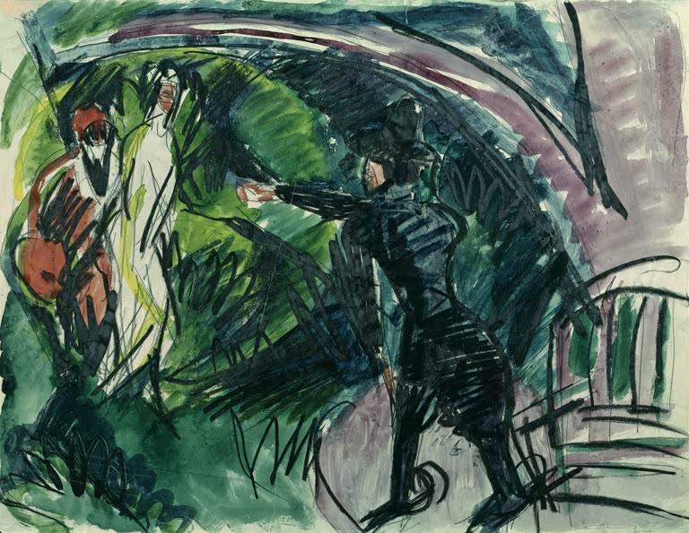 Dunkle Pantomimen-Figuren in Grün auf einer Bühne mit Zuschauern – Ernst Ludwig Kirchner Pantomime Reimann I Kunstkopie