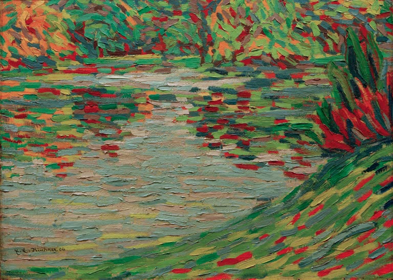 Ruhiger See mit gespiegelten Bäumen, rote Tupfen am Ufer – Ernst Ludwig Kirchner Parksee in Dresden Kunstkopie