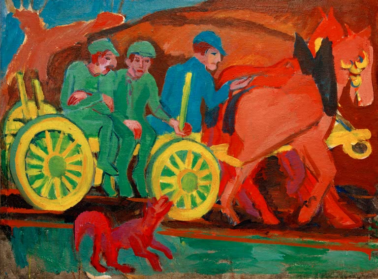 Drei Bauern auf einem Wagen, daneben rotes Pferd und Hund – Ernst Ludwig Kirchner Pferdegespann mit drei Bauern Kunstkopie