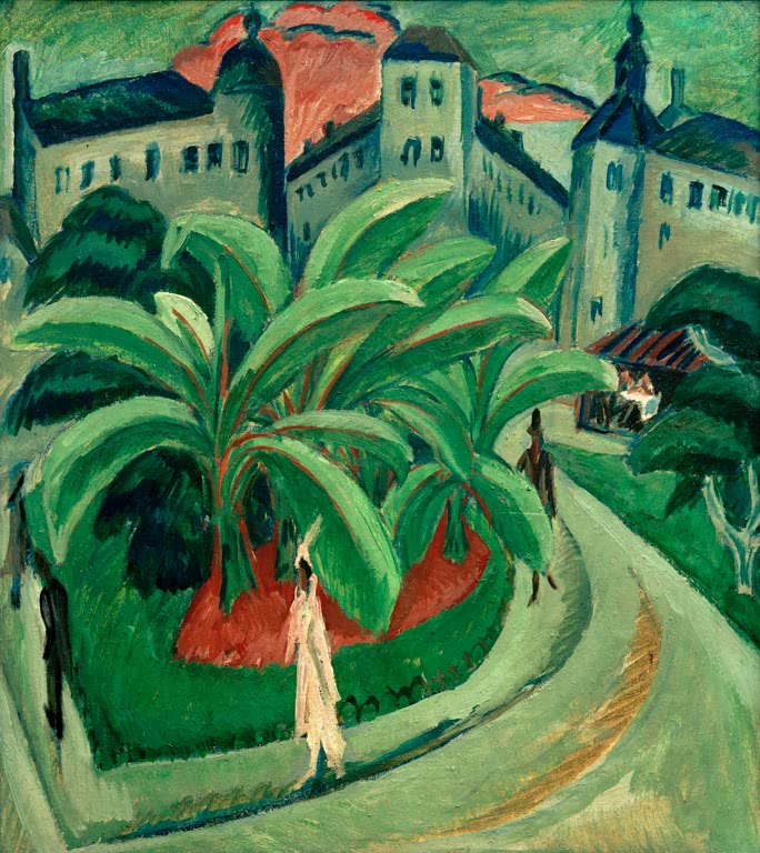 Große Palme in einer Grünanlage, dahinter helle Schlossgebäude – Ernst Ludwig Kirchner Platz in Halle Kunstkopie