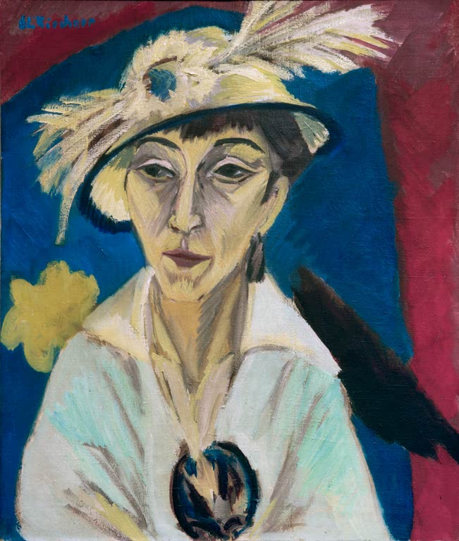Frau mit federgeschmücktem Hut, den Blick gesenkt – Ernst Ludwig Kirchner Porträt Erna Schilling Kunstkopie