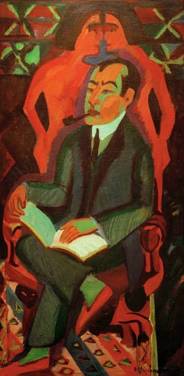 Ernst Ludwig Kirchner Porträt Manfred Schames Kunstkopie, sitzender Mann mit Pfeife vor rotorangefarbener Hintergrundfigur