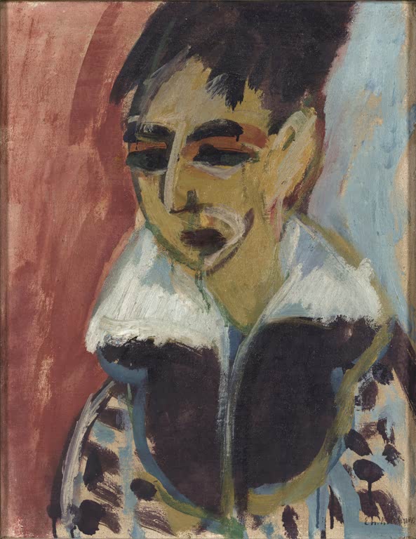 Frauenporträt mit dunklem Haar und weißem Pelzkragen – Ernst Ludwig Kirchner Porträt von Erna Kirchner Kunstkopie