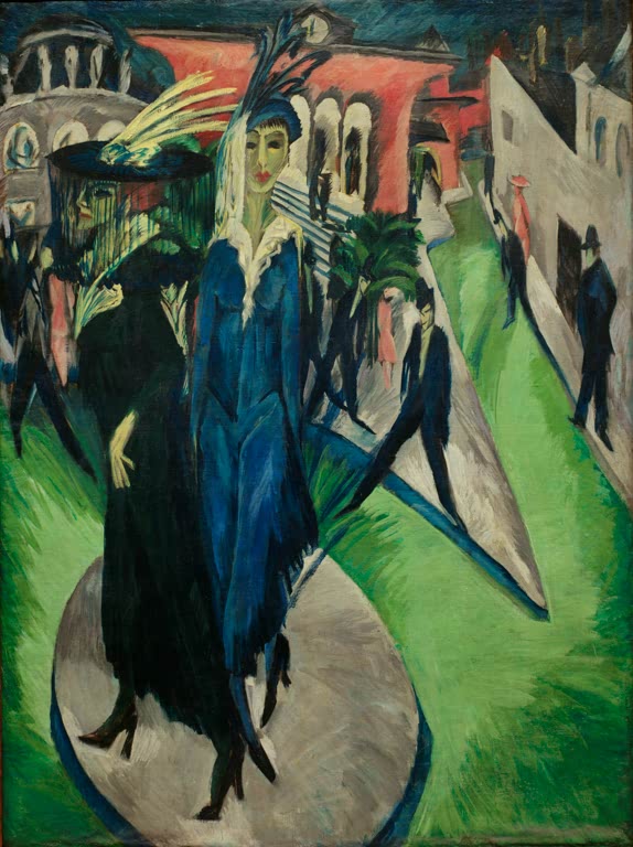 Elegante Damen in Hut und Mantel auf grüner Platzfläche mit Passanten – Ernst Ludwig Kirchner Potsdamer Platz Kunstkopie