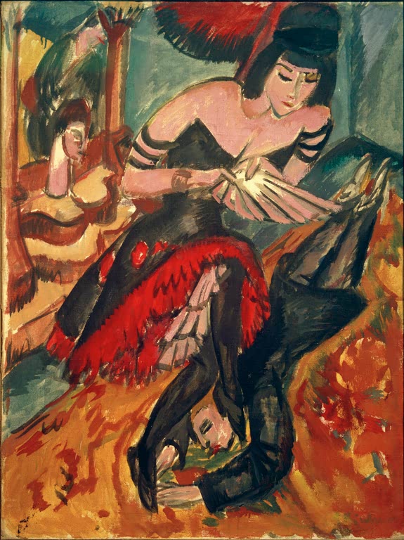 Tänzerin mit dunklem Haar und rotem Rock in leuchtenden Bühnenfarben – Ernst Ludwig Kirchner Rache der Tänzerin Kunstkopie
