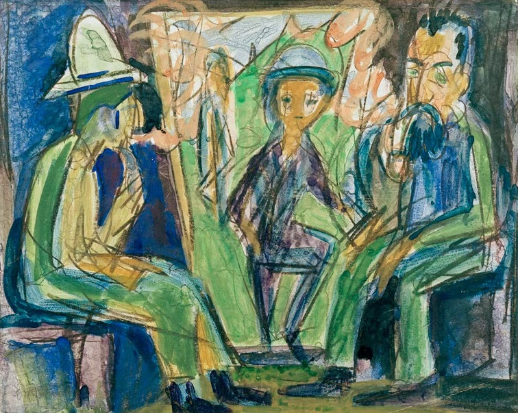 Ernst Ludwig Kirchner Rauchende Bauern Kunstkopie, drei sitzende Bauern mit Pfeife vor angedeuteter Berglandschaft