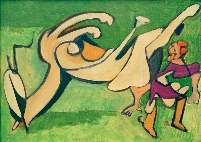 Gestürztes helles Pferd und Reiterin auf grüner Wiese – Ernst Ludwig Kirchner Reiterin mit gestürztem Pferd Kunstkopie
