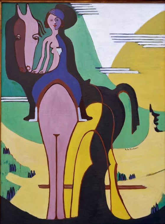 Reiterin in Blau auf violettem Pferd vor gelbem Hügel – Ernst Ludwig Kirchner Reiterin Kunstkopie