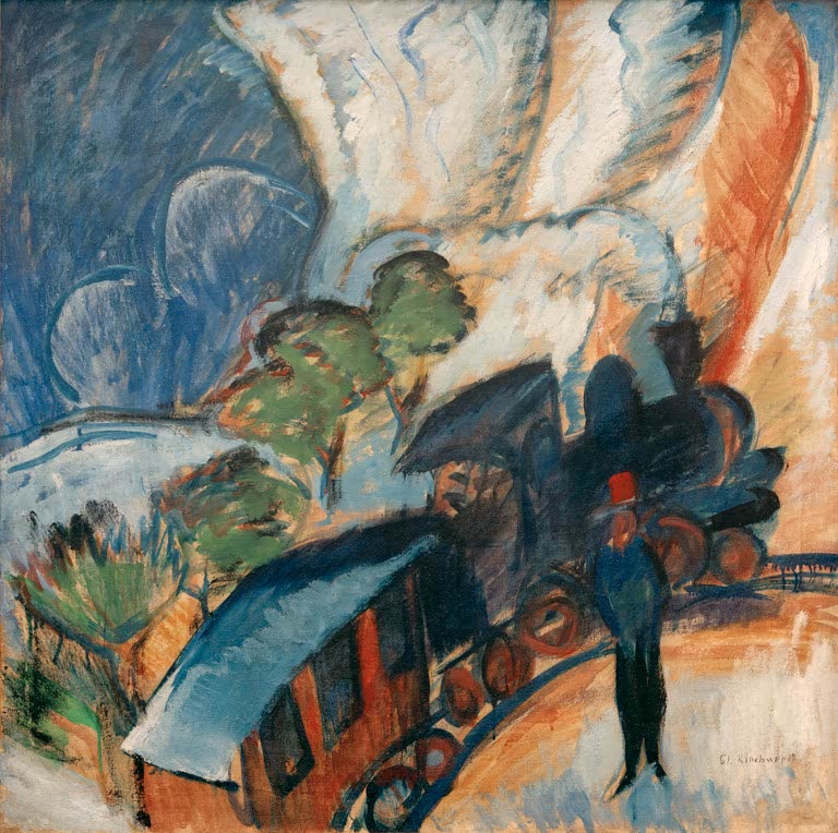 Dampflokomotive mit Waggon und Rauchwolke zwischen Bäumen – Ernst Ludwig Kirchner Rhätische Bahn Kunstkopie