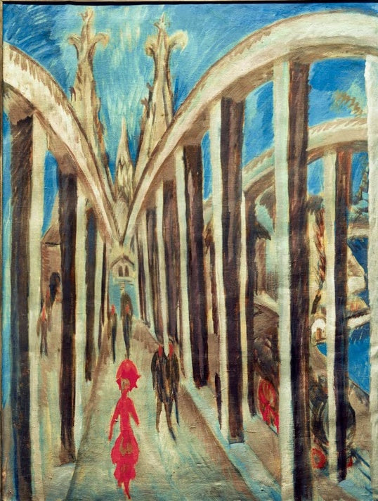 Frau in Rot geht durch eine Bogenbrücke, dahinter Domspitzen – Ernst Ludwig Kirchner Rheinbrücke bei Köln Kunstkopie