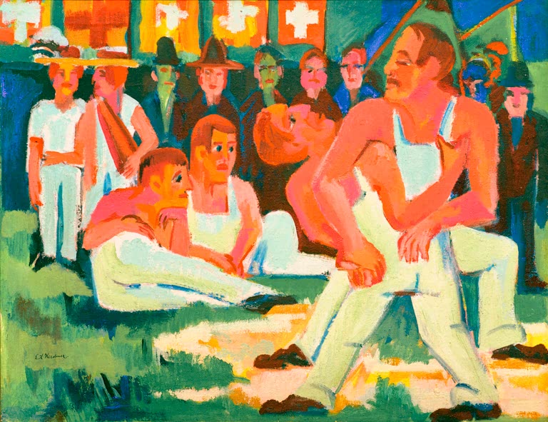 Zwei Ringer im Vordergrund, dahinter Zuschauer mit Schweizer Fahnen – Ernst Ludwig Kirchner Ringer Kunstkopie