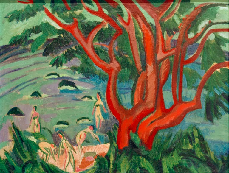 Roter Baum am Strand mit kleinen Badenden und grünem Meer – Ernst Ludwig Kirchner Roter Baum am Strand Kunstkopie