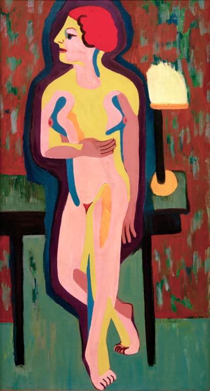Rothaarige nackte Frau vor Tisch mit Lampe und roter Wand – Ernst Ludwig Kirchner Rothaarige nackte Frau Kunstkopie