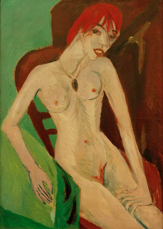 Rothaarige nackte Frau sitzt in einem braunen Sessel vor grünem Grund – Ernst Ludwig Kirchner Rothaarige Kunstkopie