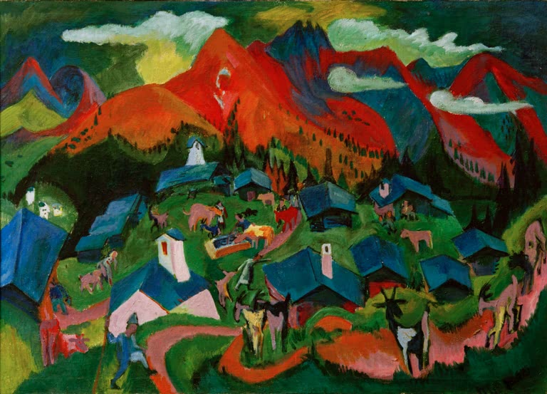 Dorf aus Hütten mit Kühen vor roten Bergen – Ernst Ludwig Kirchner Rückkehr der Tiere, Stafelalp Kunstkopie