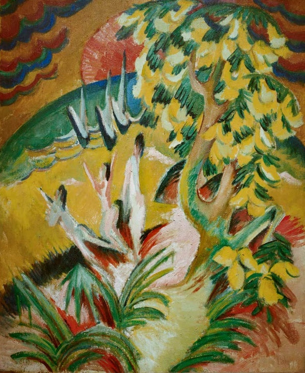 Gelber blühender Baum, am Boden eine helle Gestalt vor Bucht – Ernst Ludwig Kirchner Runde Bucht Kunstkopie