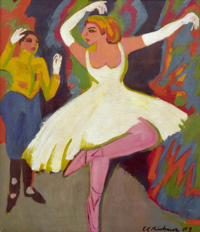 Ballerina in weißem Tutu und Mann in gelber Jacke vor farbigem Grund – Ernst Ludwig Kirchner Russisches Tanzpaar Kunstkopie