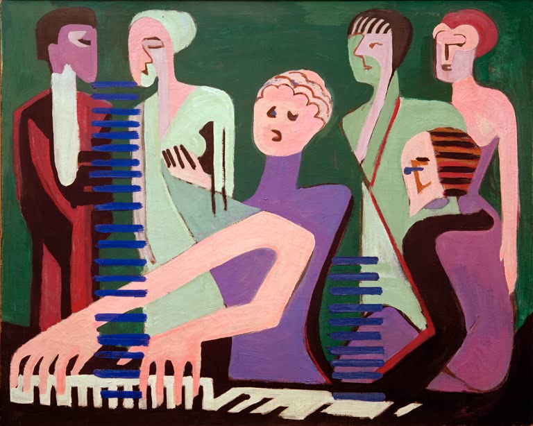 Singende Frau am Klavier, umgeben von weiteren Figuren vor grünem Grund – Ernst Ludwig Kirchner Sängerin am Piano Kunstkopie