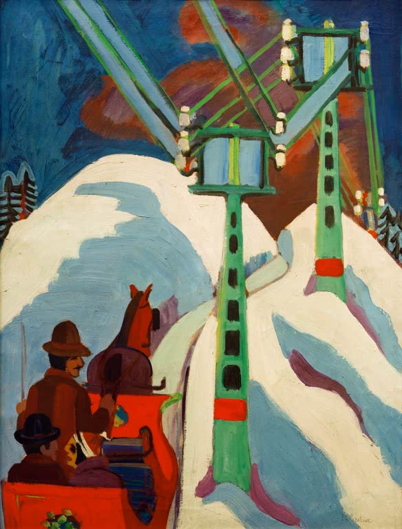 Pferdeschlitten unter grünem Mast in Schneelandschaft – Ernst Ludwig Kirchner Schlittenfahrt Kunstkopie