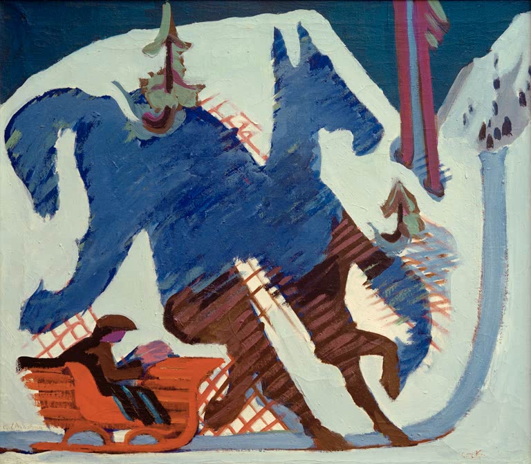 Roter Schlitten mit Passagier und Pferd im Schnee, blauer Schatten – Ernst Ludwig Kirchner Schlittenfahrt Kunstkopie
