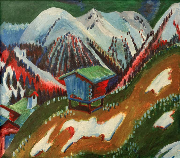 Blaue Alphütte auf Stelzen vor schneebedeckten Bergen – Ernst Ludwig Kirchner Schneeschmelze Kunstkopie