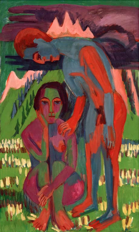 Zwei Gestalten auf einer Blumenwiese vor Bergen, eine beugt sich vor – Ernst Ludwig Kirchner Schwarzer Frühling Kunstkopie