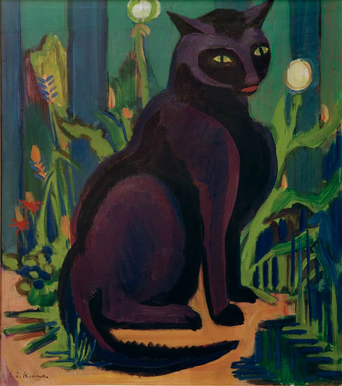 Sitzender schwarzer Kater mit gelben Augen zwischen Pflanzen – Ernst Ludwig Kirchner Schwarzer Kater Kunstkopie