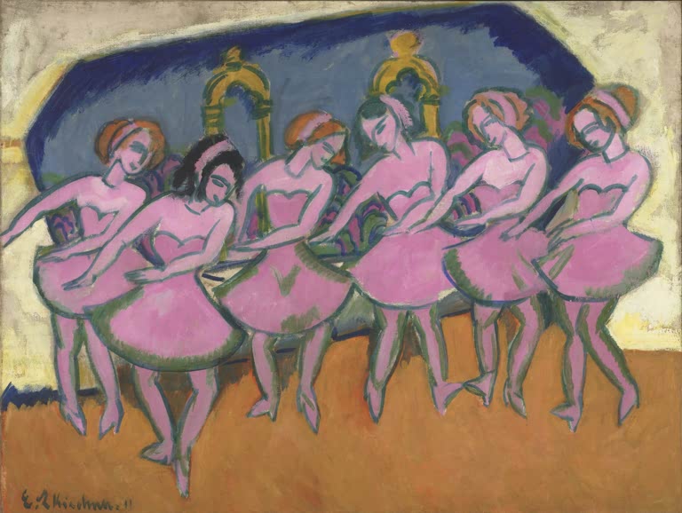 Sechs Tänzerinnen in rosa Röcken nebeneinander auf der Bühne – Ernst Ludwig Kirchner Sechs Tänzerinnen Kunstkopie
