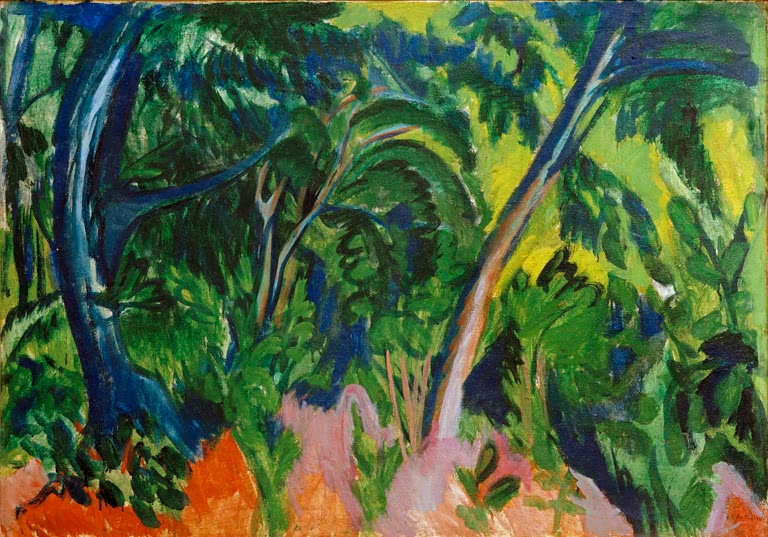 Dichter Wald mit blauen Stämmen und rosa Boden – Ernst Ludwig Kirchner Seewald Kunstkopie