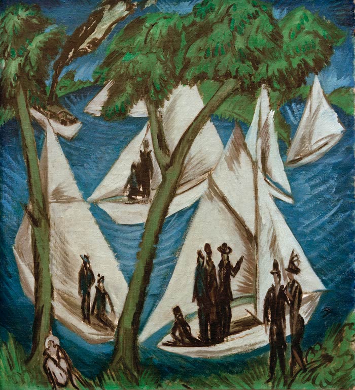 Weiße Segelboote mit dunklen Figuren zwischen Bäumen – Ernst Ludwig Kirchner Segelboote bei Grünau Kunstkopie