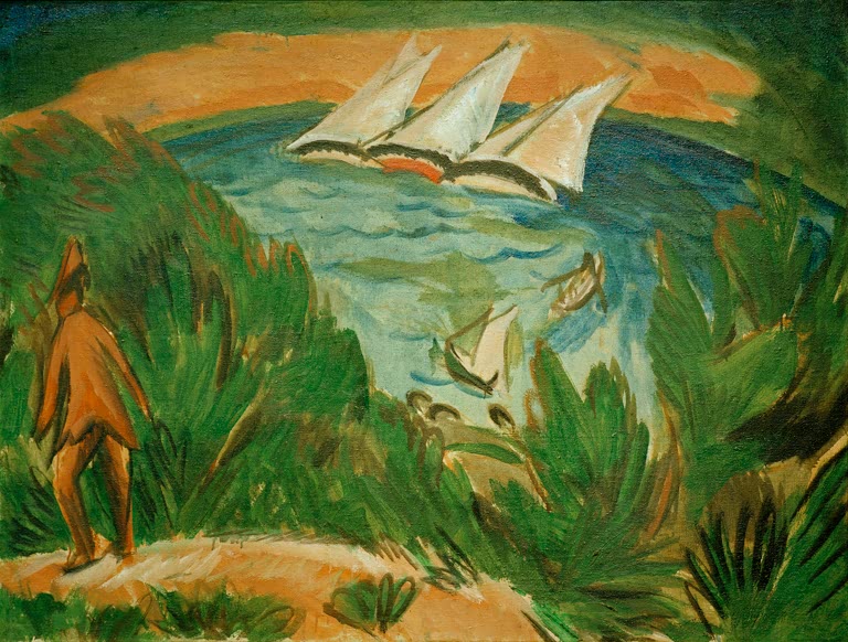 Drei Segelboote auf blauer Bucht, links eine Gestalt im Gebüsch – Ernst Ludwig Kirchner Segelboote im Sturm Kunstkopie