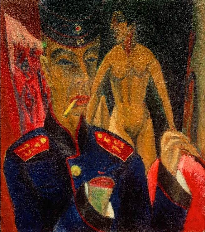 Ernst Ludwig Kirchner Selbstbildnis als Soldat Kunstkopie, Maler in blauer Uniform mit verletzter Hand vor Aktmodell