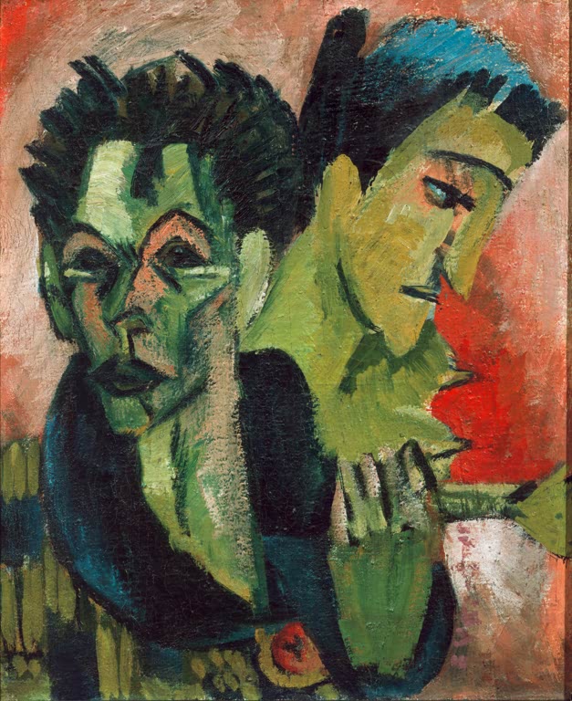 Zwei grünlich getönte Köpfe nebeneinander vor rotem Grund – Ernst Ludwig Kirchner Selbstbildnis mit Mädchen Kunstkopie