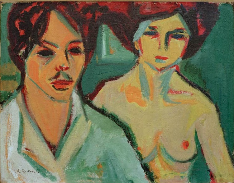 Mann mit Schnurrbart neben einer Frau mit nacktem Oberkörper – Ernst Ludwig Kirchner Selbstbildnis mit Modell Kunstkopie