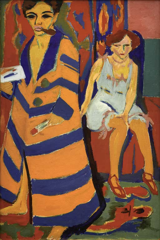 Mann im gestreiften Mantel, daneben ein sitzendes Mädchen – Ernst Ludwig Kirchner Selbstbildnis mit Modell Kunstkopie