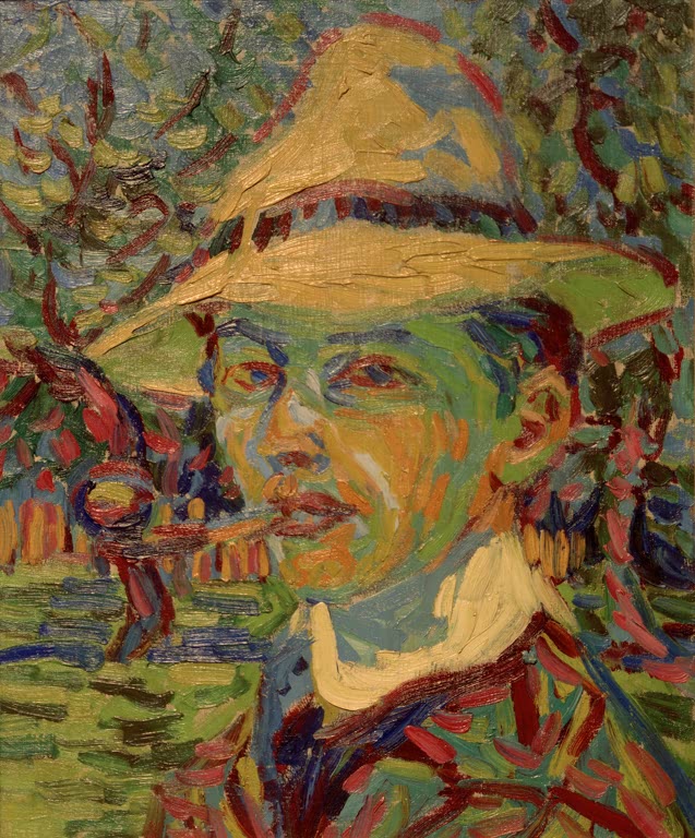 Mann mit Strohhut und Pfeife vor buntem Baumgarten – Ernst Ludwig Kirchner Selbstbildnis mit Pfeife Kunstkopie