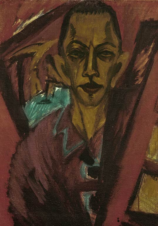 Kantiges Männerbildnis in Braun- und Olivtönen vor dunkelrotem Grund – Ernst Ludwig Kirchner Selbstbildnis Kunstkopie
